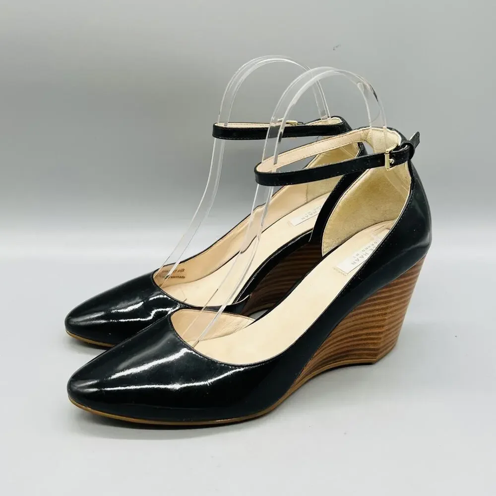 Cole Haan Shoes Womens 6.5 Black Patent Leather Lacey Ankle Strap Wedges Pumps